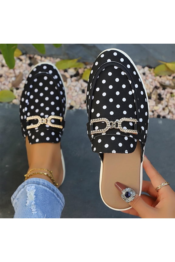Women's Polka Dot Mule Loafers, Backless Slip-On Shoes with Rhinestone Buckle, Casual Flat Mules for Summer Black 5.5(36)