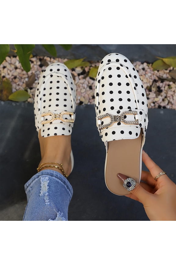 Women's Polka Dot Mule Loafers, Backless Slip-On Shoes with Rhinestone Buckle, Casual Flat Mules for Summer White 5.5(36)
