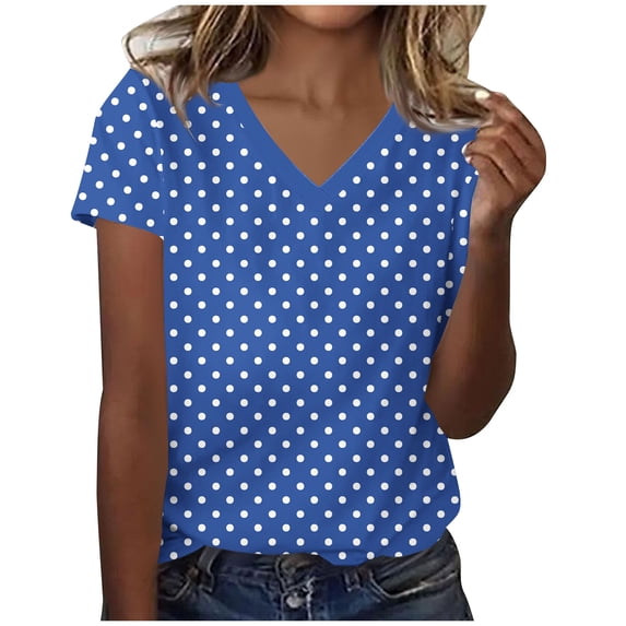 Miluxas Women's Polka Dots Print V Neck T Shirts Casual Short Sleeve Tee Shirt Lightweight Top for Summer Daily Wear Blue