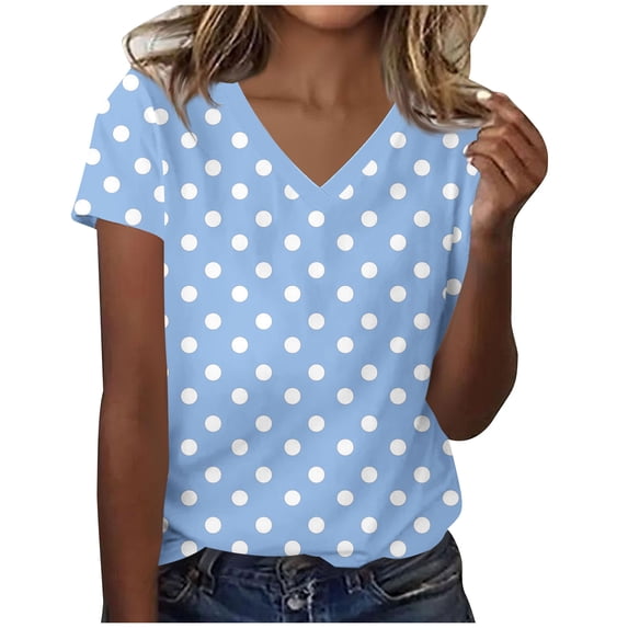 Miluxas Women's Polka Dots Print V Neck T Shirts Casual Short Sleeve Tee Shirt Lightweight Top for Summer Daily Wear Light Blue