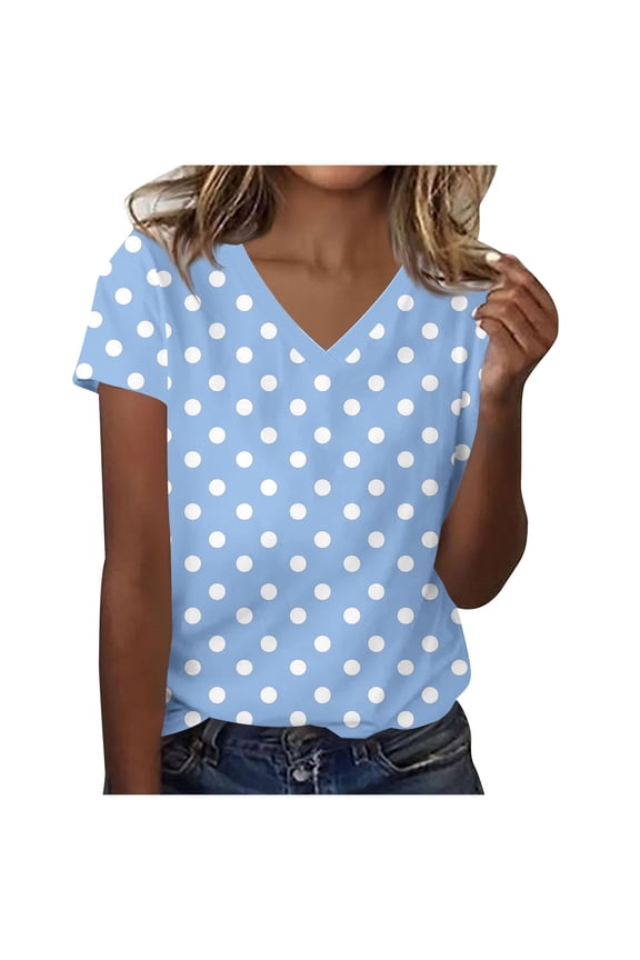 Women's Polka Dots Print V Neck T Shirts Casual Short Sleeve Tee Shirt Lightweight Top for Summer Daily Wear Light Blue