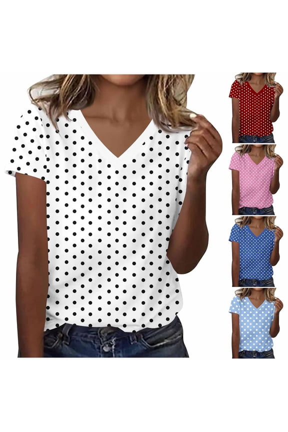 Women's Polka Dots Print V Neck T Shirts Casual Short Sleeve Tee Shirt Lightweight Top for Summer Daily Wear White