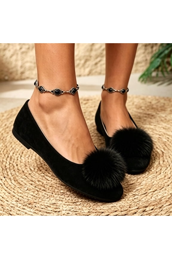 Women’s Pom Pom Ballet Flats, Round Toe Slip On ry Ball Decor Comfort Walking Flat Shoes for Daily Shopping, Holiday Black 4.5(35)