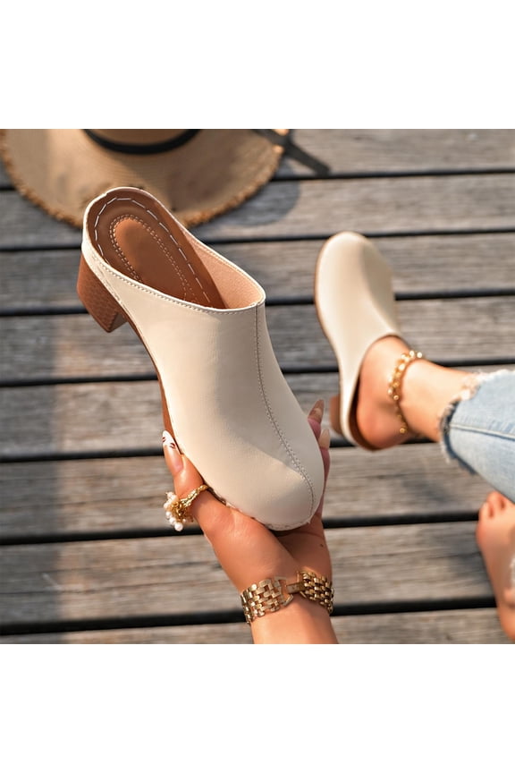 Women’s Pumps Closed Round Toe Block Heel Leather Chunky Heeled Slip on Slippers Casual Shoes Beige 8.5(41)