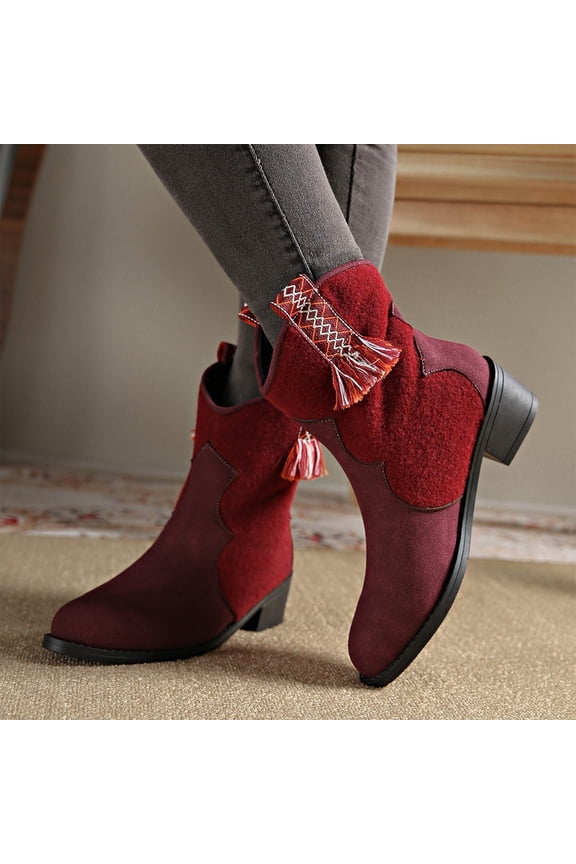 Women's Retro Chelsea Ankle Boots Fashion Low Chunky Block Heel Pointed Toe Fall Heeled Booties Shoes Red 7(39)