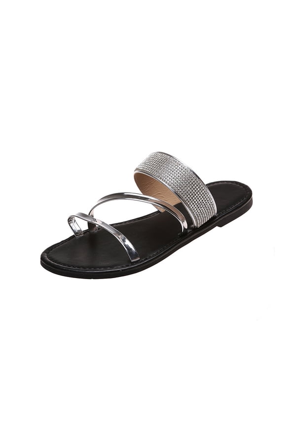 Women's Rhinestone Flat Sandals Casual Spring Summer Slip on Open Toe Plus Size Sandals Slide Sandals for Women Silver 7(39)