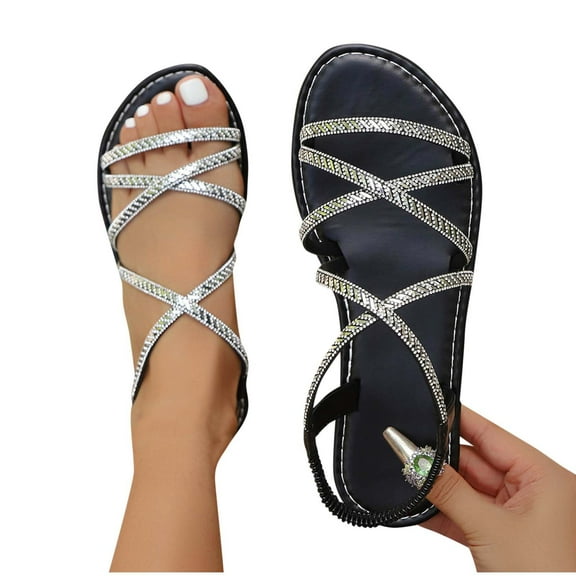 Miluxas Women's Rhinestone Flat Sandals Glitter Open Toe Sparkly Summers Dressy Beach Slides Shoses Black 6.5(38)