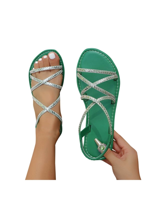 Women's Rhinestone Flat Sandals Glitter Open Toe Sparkly Summers Dressy Beach Slides Shoses Green 8.5(41)