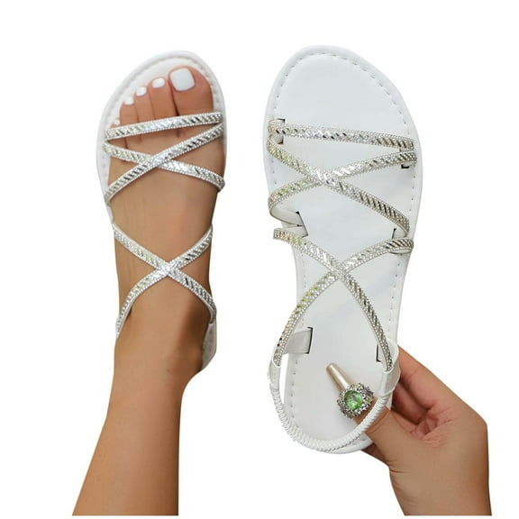 Miluxas Women's Rhinestone Flat Sandals Glitter Open Toe Sparkly Summers Dressy Beach Slides Shoses White 8.5(41)