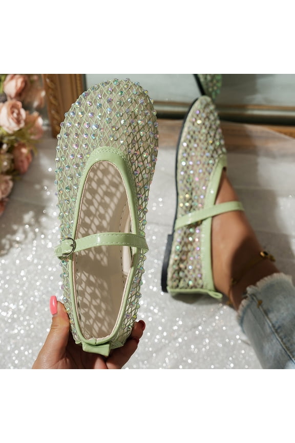 Women's Rhinestone Flat Sandals Slides Sparkly Crystal Mesh Ultra-Breathable Closed Toe Mules for Wedding Party Vacation Daily Wear Green 7.5(40)