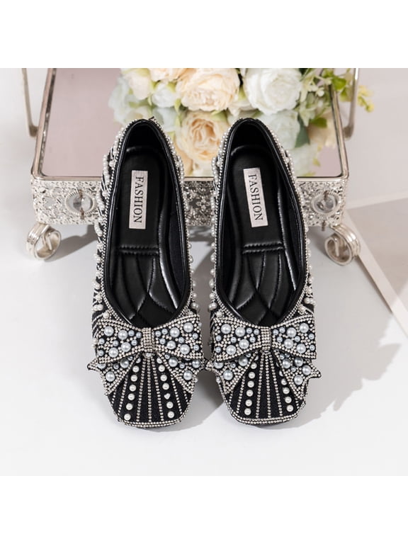Women's Rhinestone Flats Pointed Toe Low Heel Wedding Flats Work Business Flats Comfortable Women Dress Flats Shoes Black 9(42)