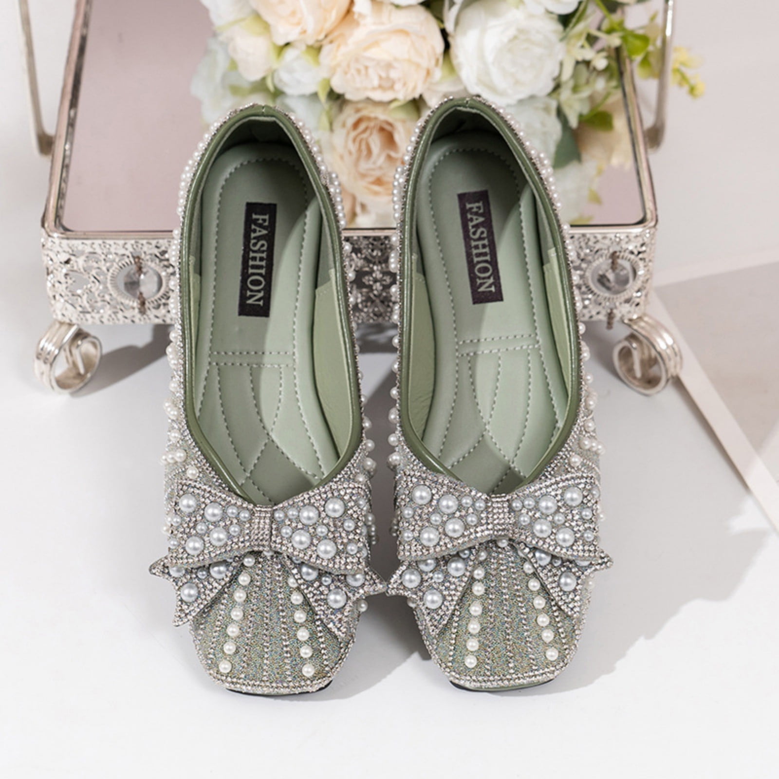 Miluxas Women's Rhinestone Flats Pointed Toe Low Heel Wedding Flats Work Business Flats Comfortable Women Dress Flats Shoes Green 6(37)