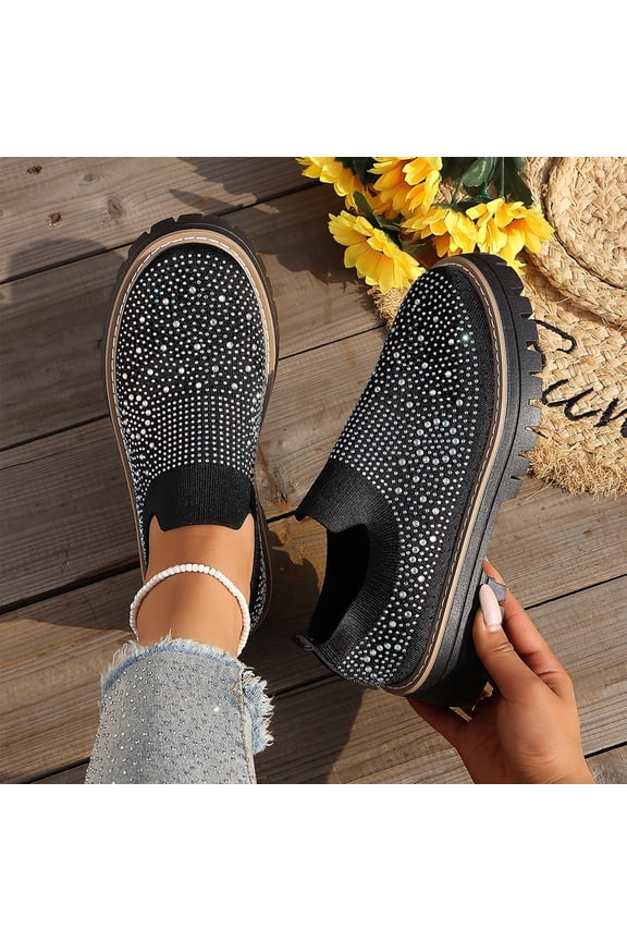 Women's Rhinestone Glitter Slip on Sneakers,Thick-Soled Platform Loafers Fashionable Round Toe Casual Shoes Black 9.5(43)