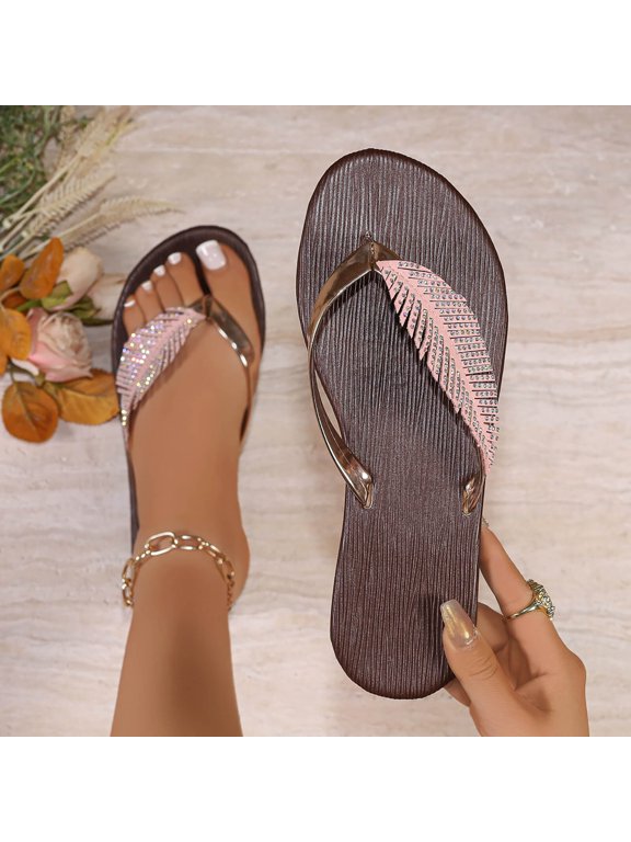 Women's Rhinestone Leaves Sandals Soft Platform Footbed Midsole Flip Flop Pink 8.5(41)