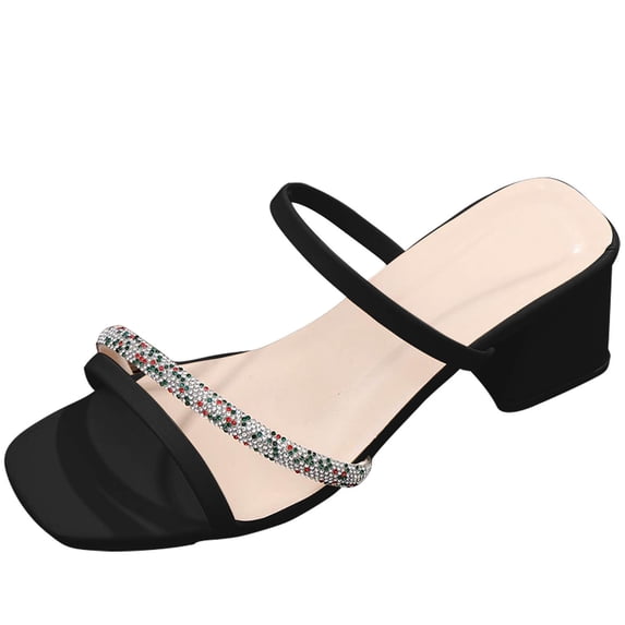 Miluxas Women's Rhinestone Low Block Chunky Heels Sandals Comfortable Open Toe Party Dress Pump Shoes High Heels Sandals Black 9(42)