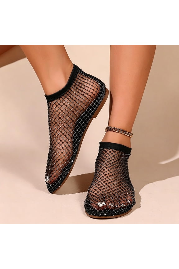 Women's Rhinestone Mesh Ankle Booties, Pointed Toe Fishnet Slip On Flat Shoes, Sparkly Crystal Hollow Out Mesh Flats Black 8(40)