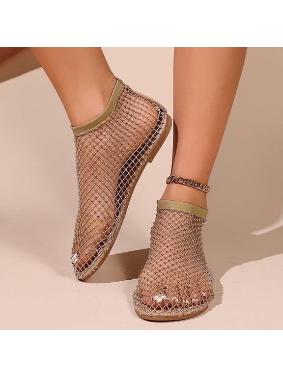 Women's Rhinestone Mesh Ankle Booties, Pointed Toe Fishnet Slip On Flat Shoes, Sparkly Crystal Hollow Out Mesh Flats Gold 7(38)