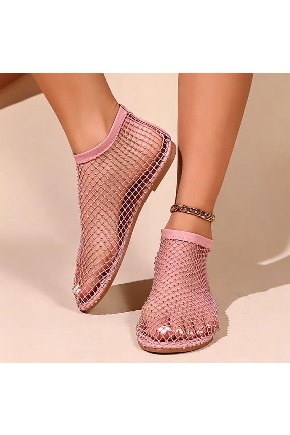 Women's Rhinestone Mesh Ankle Booties, Pointed Toe Fishnet Slip On Flat Shoes, Sparkly Crystal Hollow Out Mesh Flats Pink 6(36)