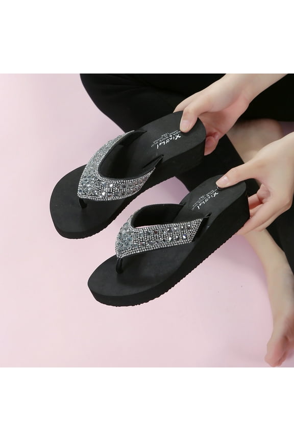 Women's Rhinestone Platform Wedge Flip Flops Summer Beach Comfortable Thong Sandals Black 6.5(38)
