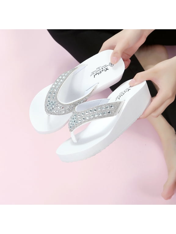 Women's Rhinestone Platform Wedge Flip Flops Summer Beach Comfortable Thong Sandals White 6(37)