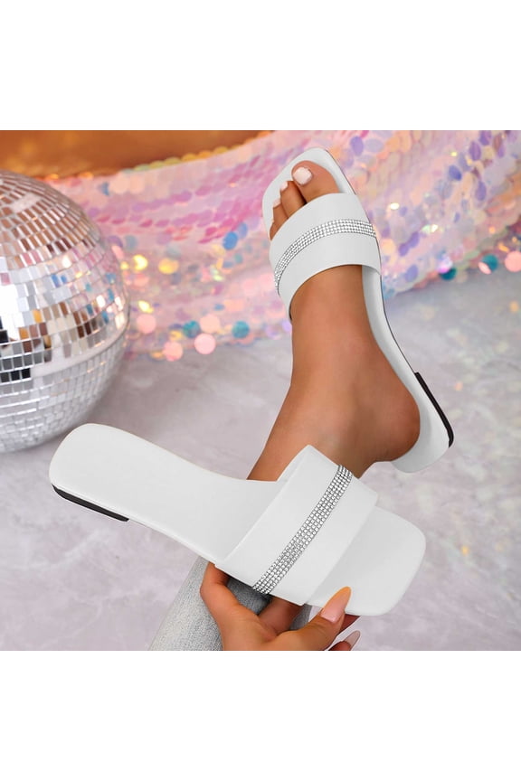 Women's Rhinestone Sandals Glitter Casual Sandal Flats Open Toe Sparkle Slides White 7.5(40)