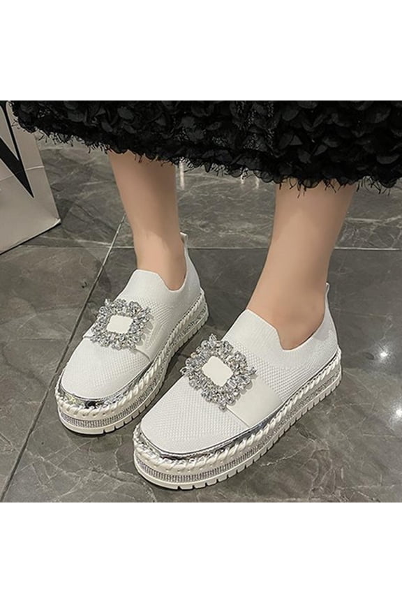 Women's Rhinestone Slip On Sneakers Casual Comfort Platform Walking Shoes Cute Glitter Bling Loafers Beige 7(39)