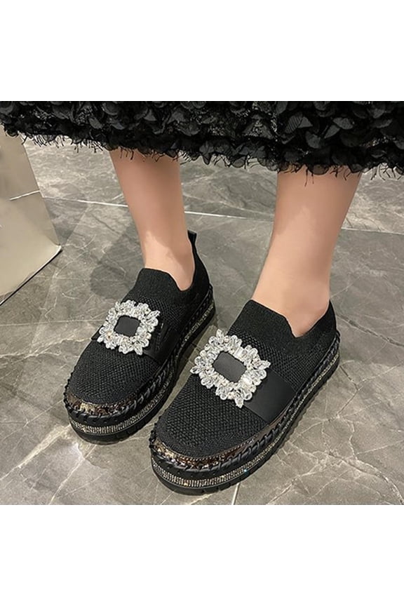 Women's Rhinestone Slip On Sneakers Casual Comfort Platform Walking Shoes Cute Glitter Bling Loafers Black 5.5(36)