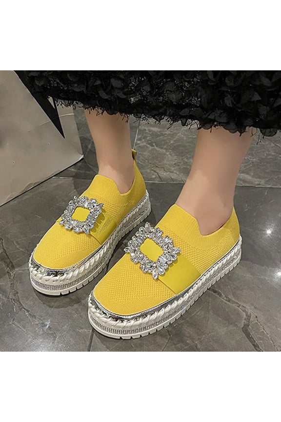 Women's Rhinestone Slip On Sneakers Casual Comfort Platform Walking Shoes Cute Glitter Bling Loafers Yellow 5.5(36)