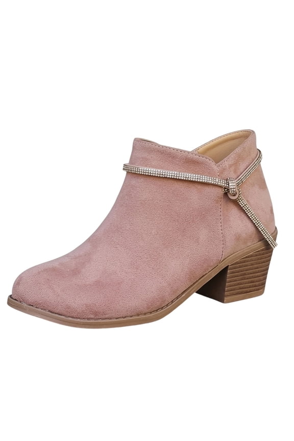 Women’s Rhinestone Strap Chunky Block Heel Ankle Boots, Side Zipper Faux Suede Short Booties, Round Toe Fall Winter Shoes Pink 5.5(36)