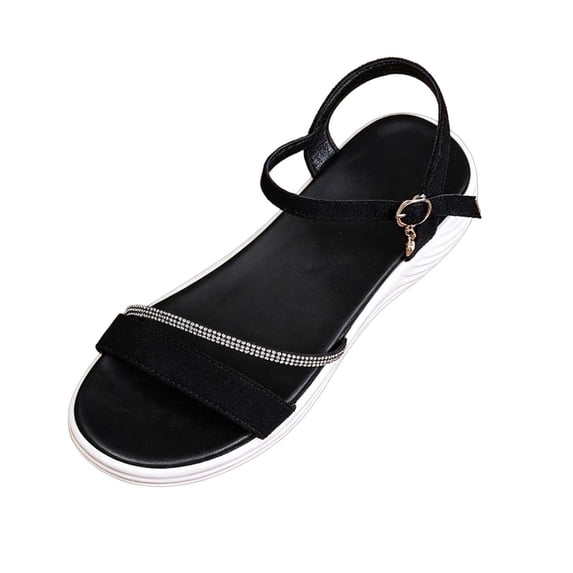 Miluxas Women's Rhinestone Strap Flat Sandals, Open Toe Ankle Buckle Casual Shoes, Lightweight Comfortable Summer Sandals Black 6(37)