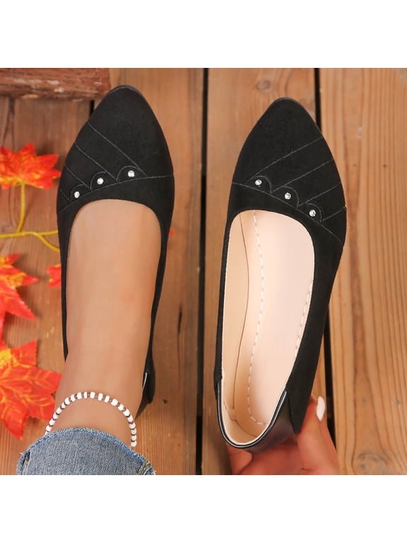 Women's Rhinestone Studded Ballet Flats, Pointed Toe Slip-On Comfortable Casual Work Dress Shoes Black 8.5(41)