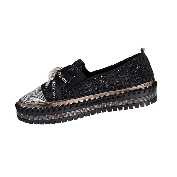 Miluxas Women's Rhinestones Glitter Platform Slip on Sneakers Casual Cute Bowknot Shiny Walking Shoes Non-Slip Comfortable Dress Flat Loafers Black 6(37)