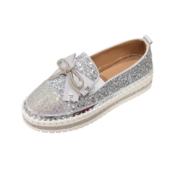 Miluxas Women's Rhinestones Glitter Platform Slip on Sneakers Casual Cute Bowknot Shiny Walking Shoes Non-Slip Comfortable Dress Flat Loafers Silver 5.5(36)