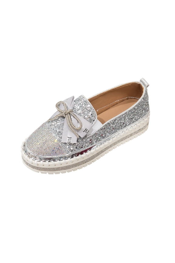 Women's Rhinestones Glitter Platform Slip on Sneakers Casual Cute Bowknot Shiny Walking Shoes Non-Slip Comfortable Dress Flat Loafers Silver 9(42)