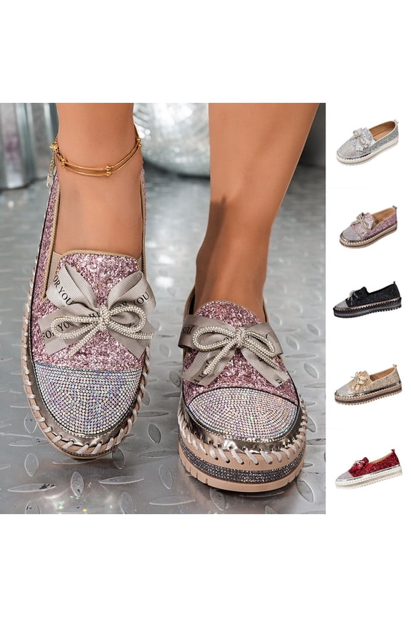 Women's Rhinestones Glitter Platform Slip on Sneakers Casual Cute Bowknot Shiny Walking Shoes Non-Slip Comfortable Dress Flat Loafers Silver 9.5(43)