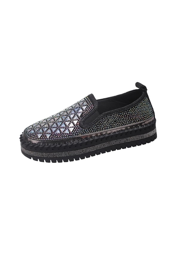 Women's Rhinestones Glitter Platform Slip on Sneakers Casual Cute Shiny Walking Shoes Non-Slip Comfortable Dress Flat Loafers Black 7(39)