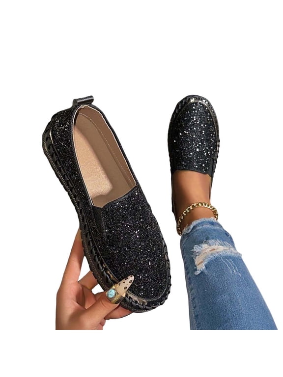 Women's Rhinestones Glitter Slip on Sneakers ,Thick-Soled Platform Loafers Fashionable Round Toe Casual Shoes Black 9(42)