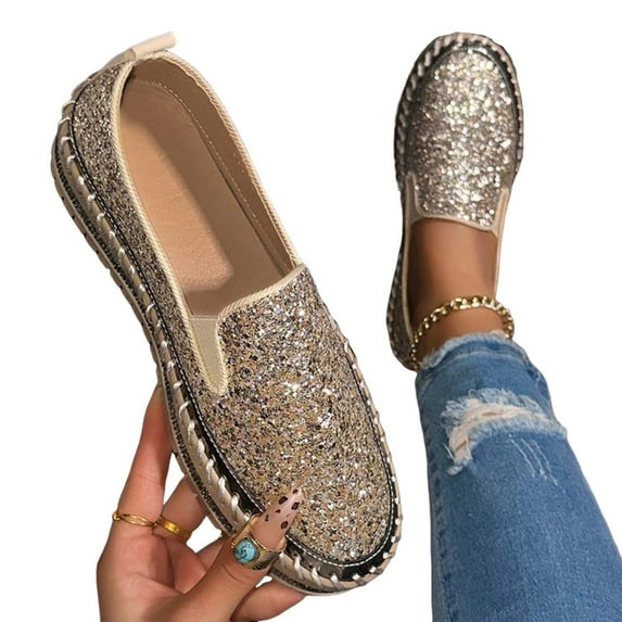 Miluxas Women's Rhinestones Glitter Slip on Sneakers ,Thick-Soled Platform Loafers Fashionable Round Toe Casual Shoes Gold 5(35)