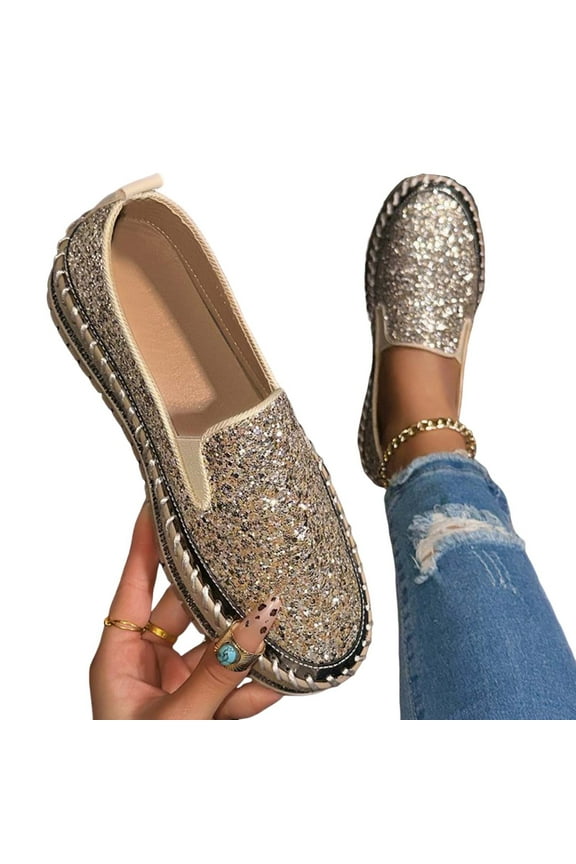 Women's Rhinestones Glitter Slip on Sneakers ,Thick-Soled Platform Loafers Fashionable Round Toe Casual Shoes Gold 6(37)