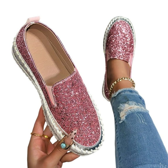 Miluxas Women's Rhinestones Glitter Slip on Sneakers ,Thick-Soled Platform Loafers Fashionable Round Toe Casual Shoes Pink 5.5(36)