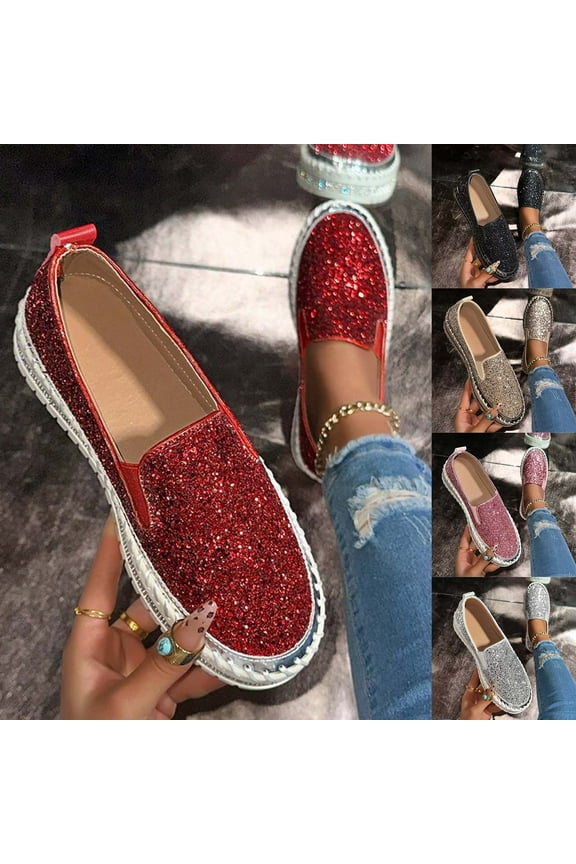 Women's Rhinestones Glitter Slip on Sneakers ,Thick-Soled Platform Loafers Fashionable Round Toe Casual Shoes Silver 10(44)