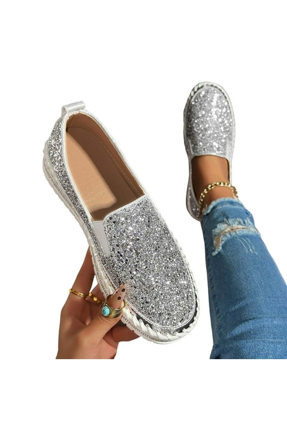 Women's Rhinestones Glitter Slip on Sneakers ,Thick-Soled Platform Loafers Fashionable Round Toe Casual Shoes Silver 9.5(43)