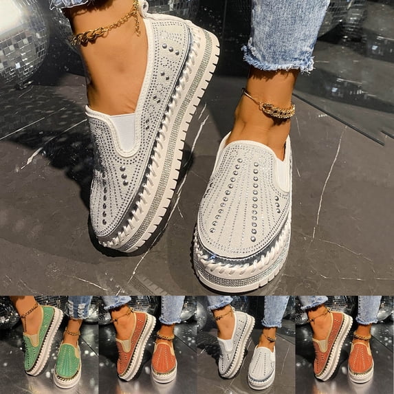 Miluxas Women's Rhinestones Platform Slip on Sneakers Casual Cute Walking Shoes Non-Slip Comfortable Dress Flat Loafers White 9.5(43)