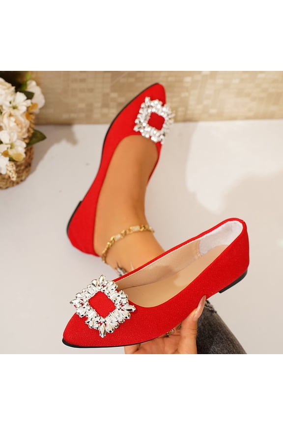 Women's Rhinestones Pointed Top Flats Shoes,Comfort Slip on Flat Loafers Fashion Sparkly Wedding Party Ballerina Dress Shoes Red 8.5(41)