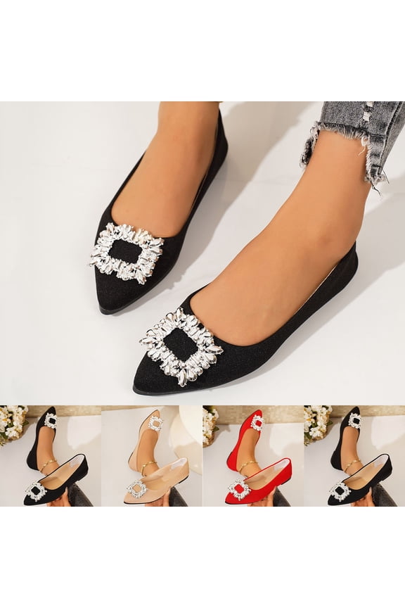 Women's Rhinestones Pointed Top Flats Shoes,Comfort Slip on Flat Loafers Fashion Sparkly Wedding Party Ballerina Dress Shoes Red 9.5(43)