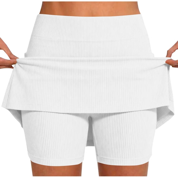 Miluxas Women's Ribbed Sporty Skirts Built-in Shorts Solid Color Golf Active Skirts for Running Gym Training White