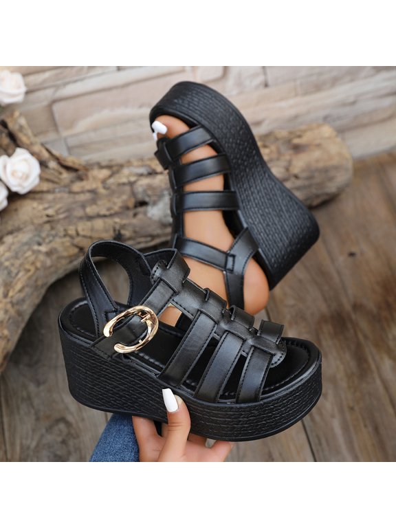 Women's Roman Platform Fish Mouth Wedge Sandals,Summer Open Toe High-Top Shoes Black 6(37)