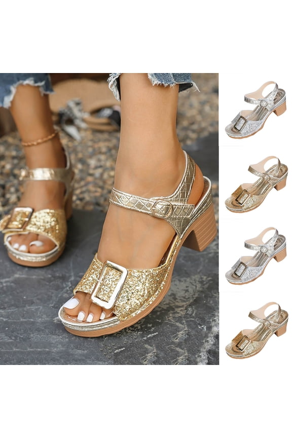 Women's Round Open Toe Sandals Block Chunky Low Heeled Sequin Fish Mouth Sandal Slip on Mules Comfortable Casual Dress Shoes Silver 9.5(43)