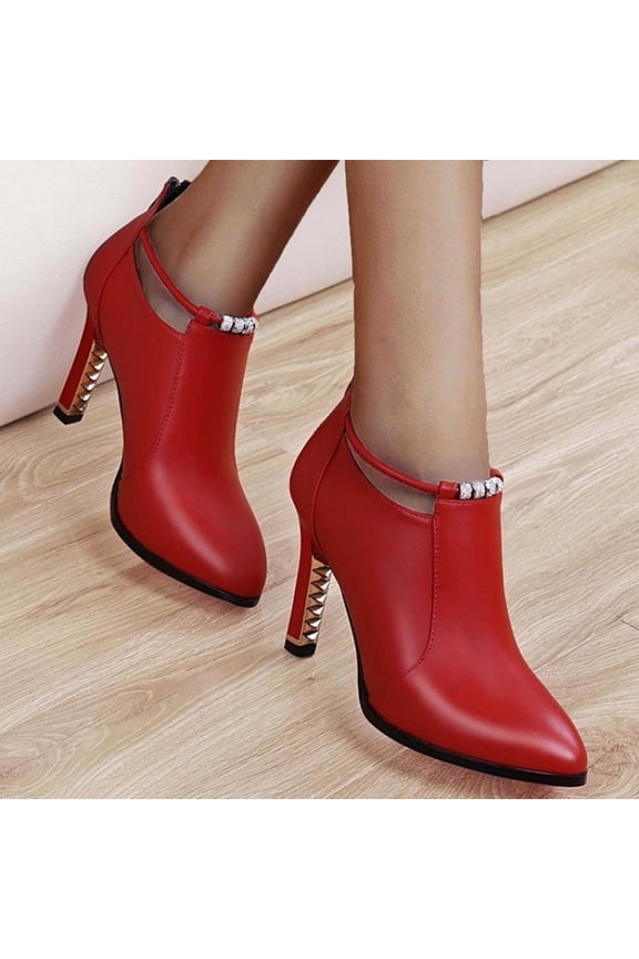 Women's Round Toe Dressy Ankle Booties Leather Pump Shoes Chunky Block High Heels Short Boots Red 7(39)