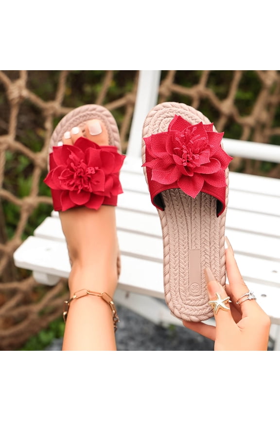 Women's Round Toe Flower Flat Sandals, Soft Slides Open-Toe Summer Slippers Red 6(37)